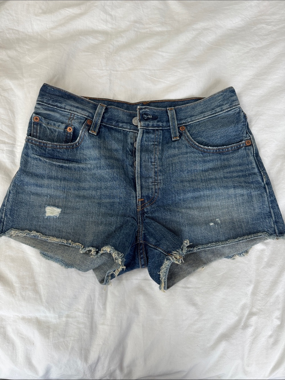 Levi's Distressed Dark Blue Denim Cutoff 501 Shorts